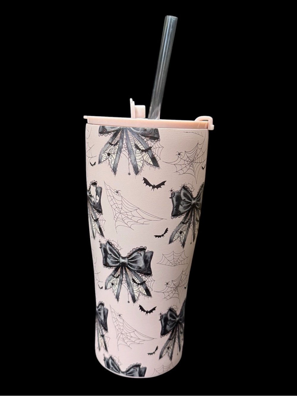 Goth Girl-Themed Light Pink Insulated Stainless Steel Tumbler with Bows & Bats